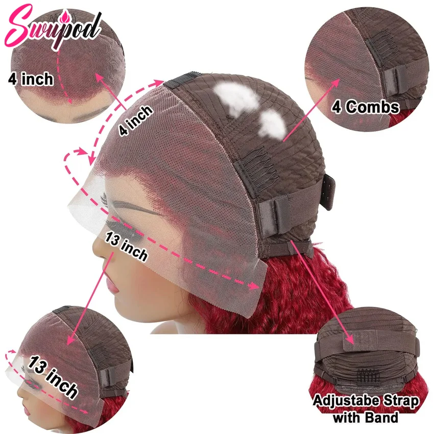 Swupod 200 densità 13x4 HD parrucca anteriore in pizzo per donne nere onda profonda ondulata capelli umani Remy 99J colore bordeaux Glueless