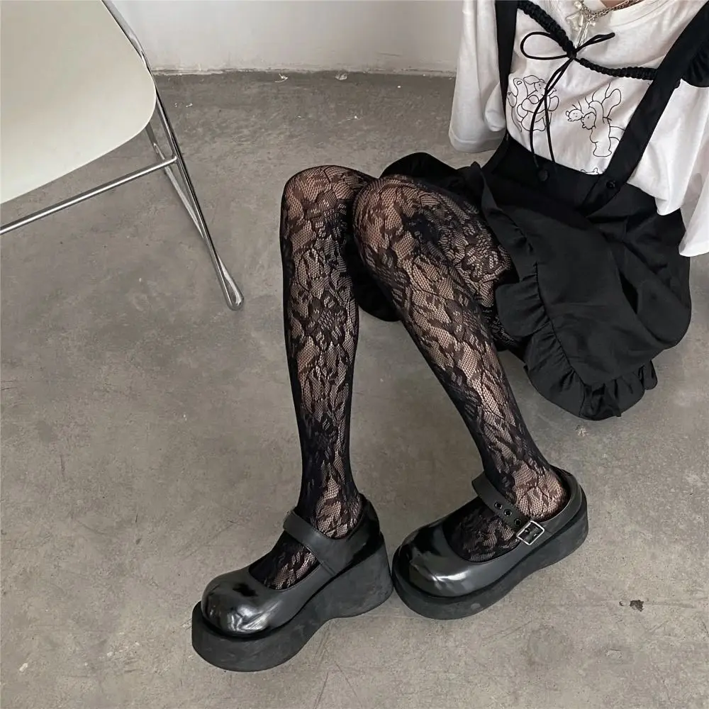 

Cool Y2K Mesh Stockings Flower Embroidery Mesh Hollow Out Sexy Pantyhose Women Fishing Net Tights For Girl Harajuku Stockings