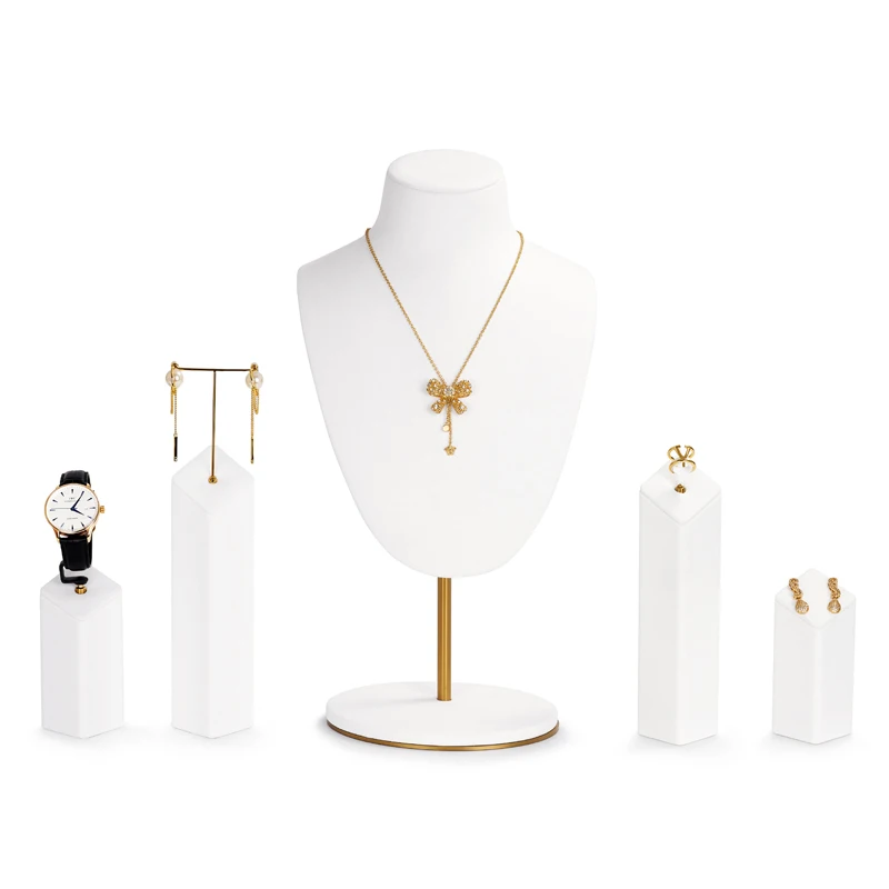 Oirlv White Microfiber&Metal Jewelry Display Prop Set Shop Window Exhibition for Necklace Earrings Ring Watch