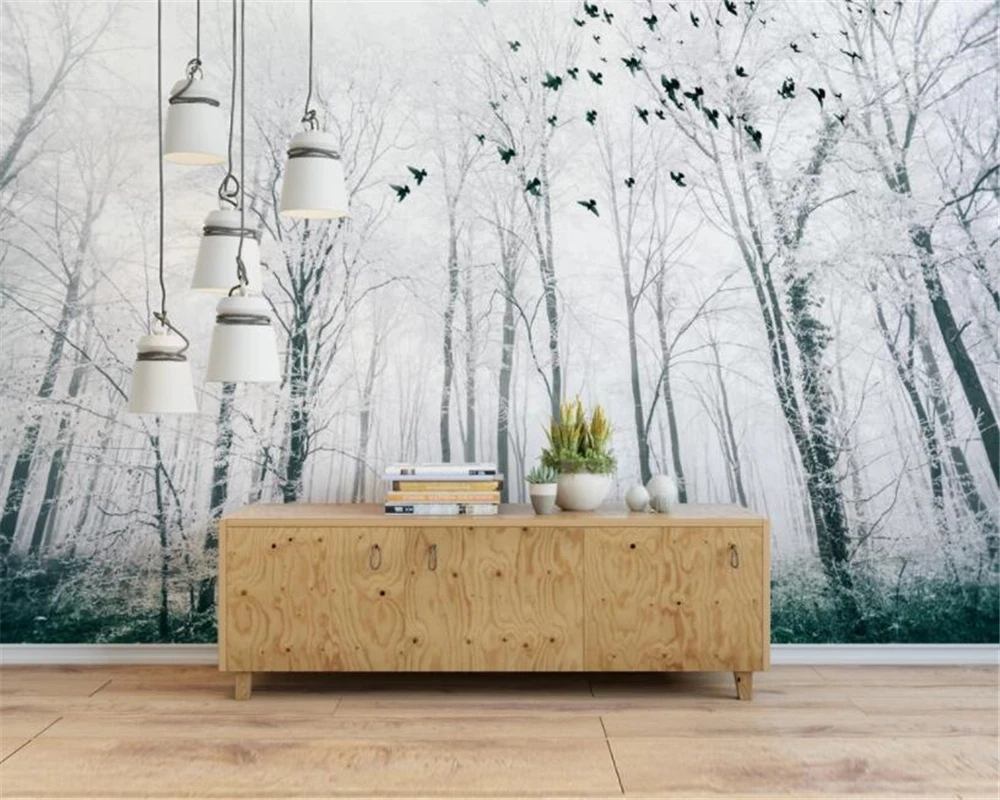 Custom Photo 3d Mural Black White Big Tree Snow Scene Forest Bird 3d wallpaper Living room sofa TV background bedroom restaurant