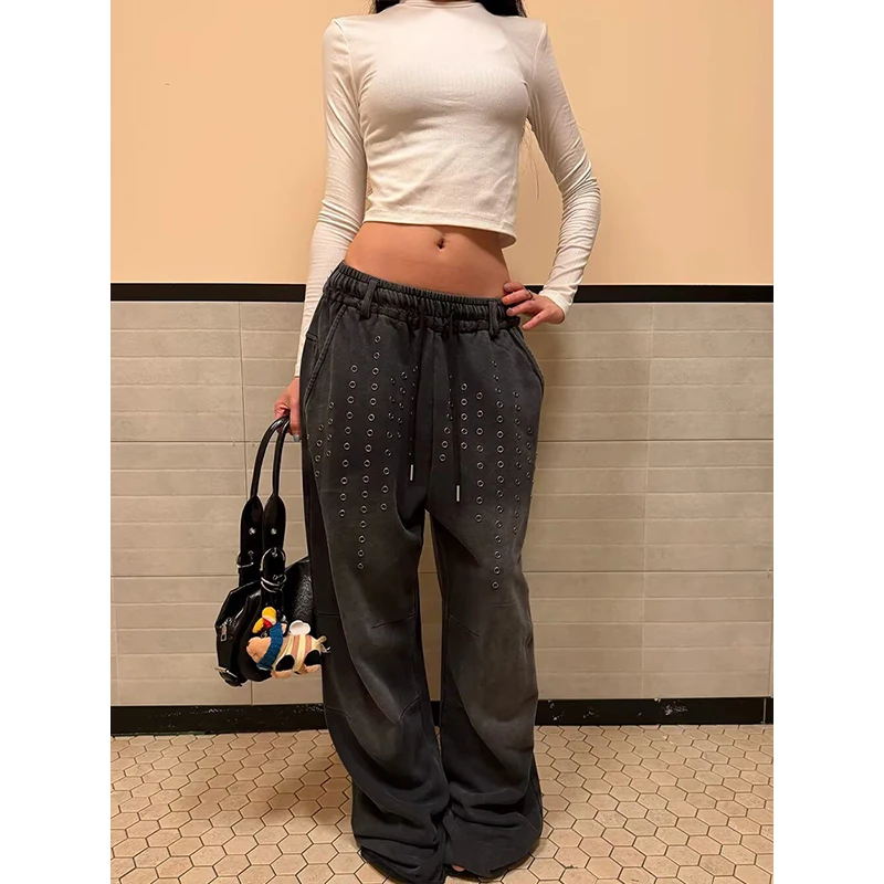 Rivet Cargo Casual Trousers Autumn 2026  American Vintage Washed Texture Loose Looking All Match Autumn Wide Leg Pants
