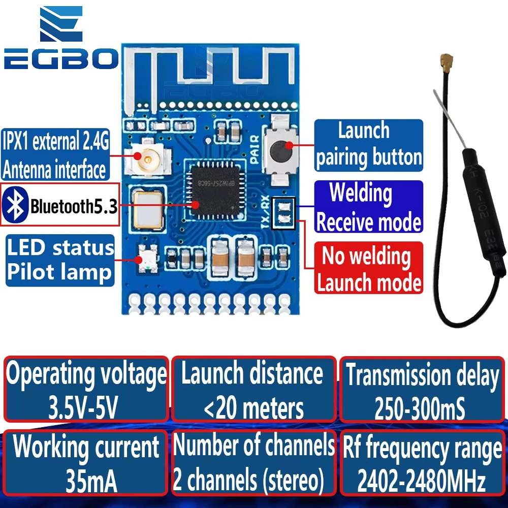 1~2PCS Bluetooth 5.3 module With antenna Audio transmitter Stereo GFSK transceiver Earphone board Wireless speaker KCX_ BT