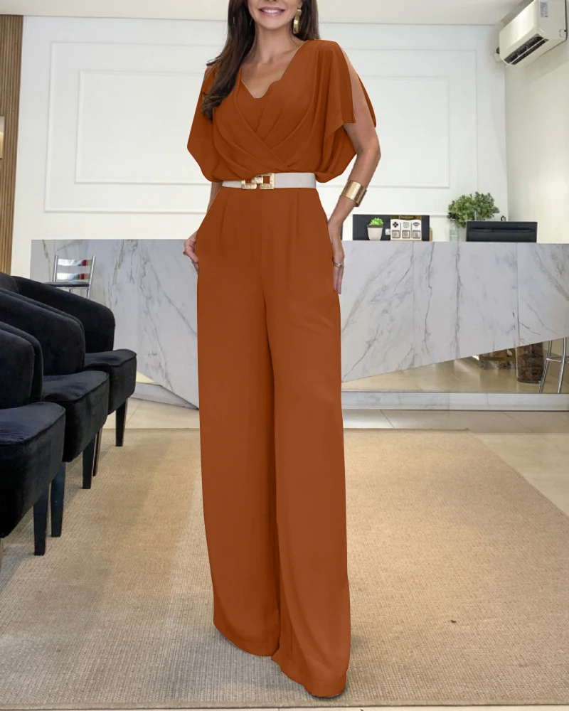 V-Neck Short Sleeved Casual High Waisted Wide Leg Jumpsuit for Women Luxury Elegant Woman Jumpsuit