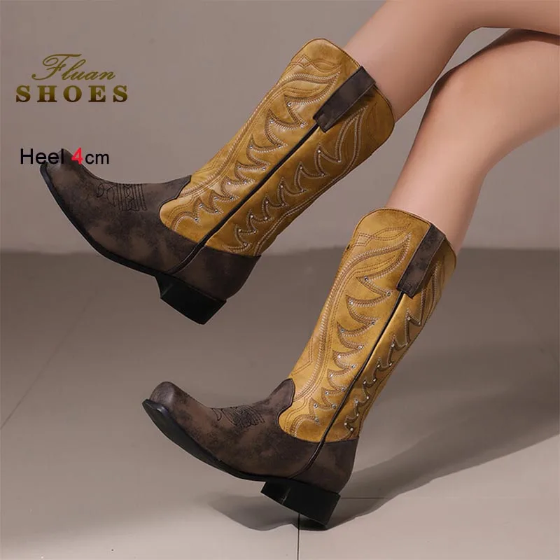 

2025 Новая женская обувь Сапоги до колена Модные высокие сапоги на среднем каблуке 4 см с квадратной головкой Женские повседневные рыцарские сапоги Сапоги на блочном каблуке