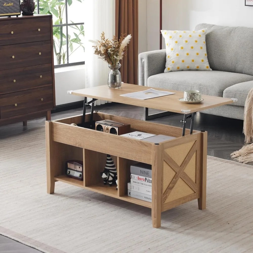 

Lift Top Coffee Table, Oak Top with Rattan Frame, Farmhouse Cross-Sided Design, with Storage Shelf/Hidden Compartment, Gas Lift