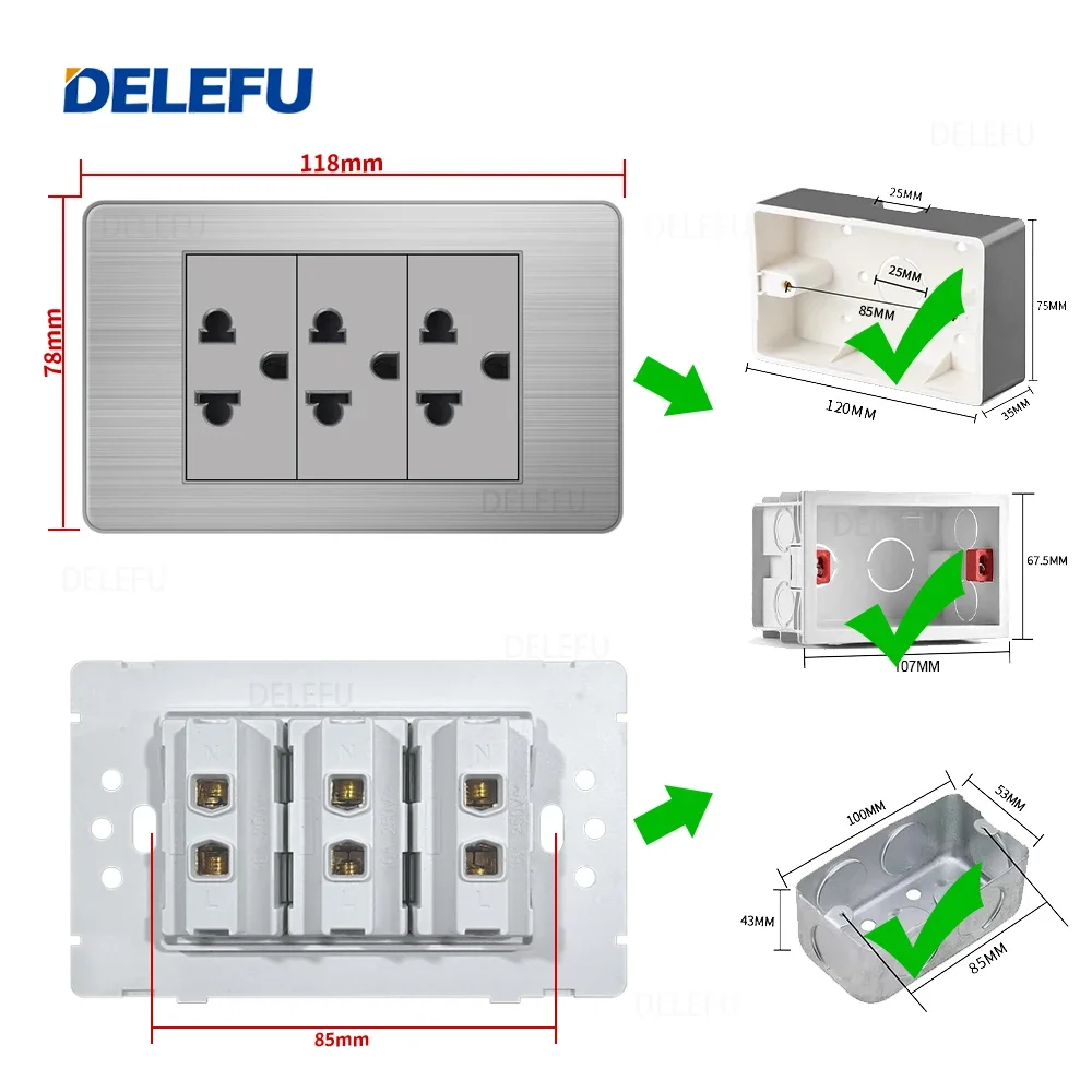 DELEFU Stainless Steel Grey Panel Thai Switch Socket Computer USB Type C Wall Power Socket