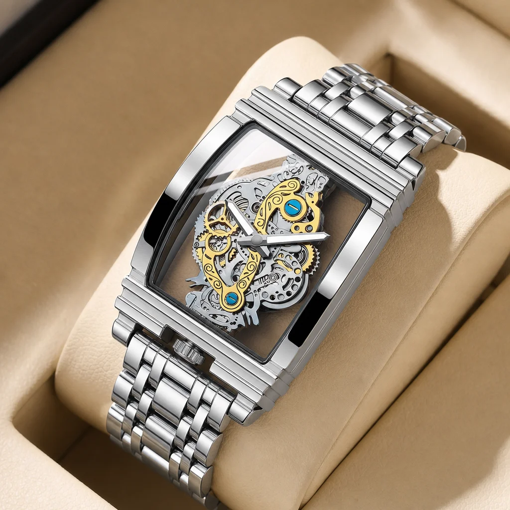 

1pcs Skeleton Mechanical Watch Rectangular Case Stainless Steel Band Blue Accent Fashion Unique Stylish Wristwatch