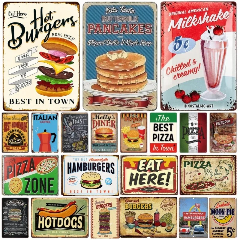 Metal Tin Poster Fast Food Vintage Tin Sign Plaque Metal Retro Plate Hot Dog Poster Wall Decor for Kitchen Cafe Diner Bar