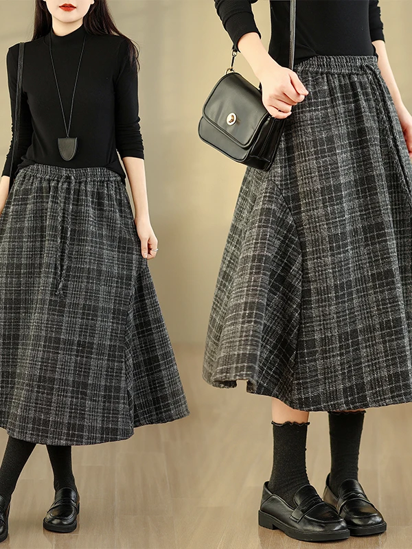 

High Waist Plaid Woolen Skirt Women's plus Size Elastic Waist A-Line Midi Skirt Korean Sle Casual Winter Season