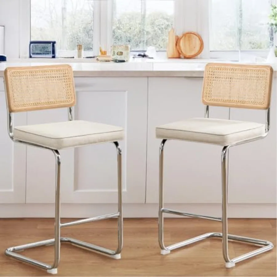 

Natural Rattan Counter Stools Set of 2 26'' Modern Counter Height Barstools Thin Linen Bar Stools with Solid Wood Back Mid Cent