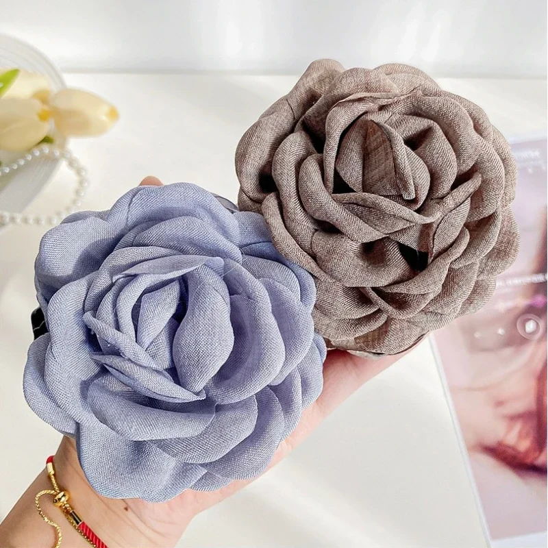 DS Retro Französische große Stoff-Rosen-Haarklammer, handgefertigte Blumenserie, Krabben-Haarspangen, Krallenklammern für Frauen und Mädchen, Haar-Accessoires