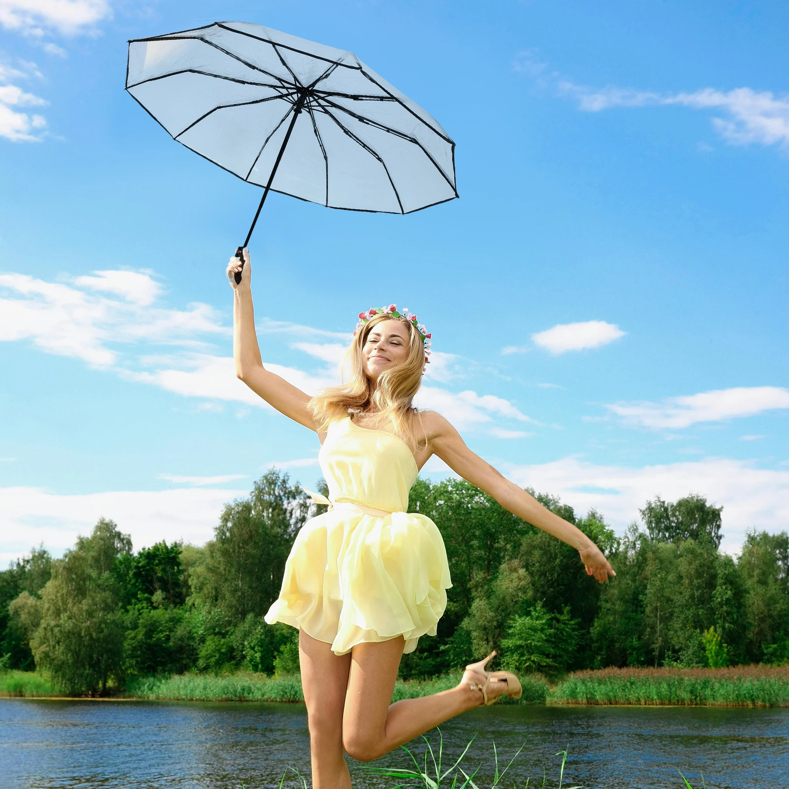 

Transparent Folding Automatic Umbrella Clear Lightweight Portable Travel Rain Umbrella Auto Open Close Design Parasol