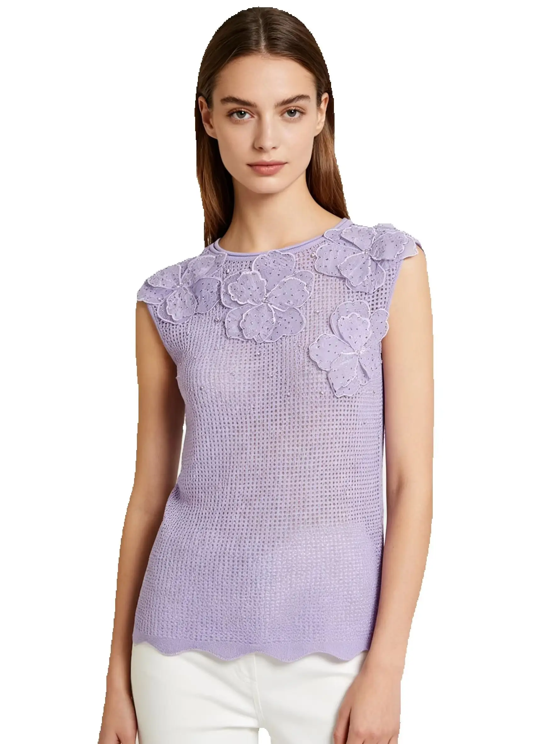 

26172 Women Summer Autumn Heavy Craft 3D Floral Hot Stamping Sleeveless Knit Top Versatile Daily Ladies Fashion Outfit