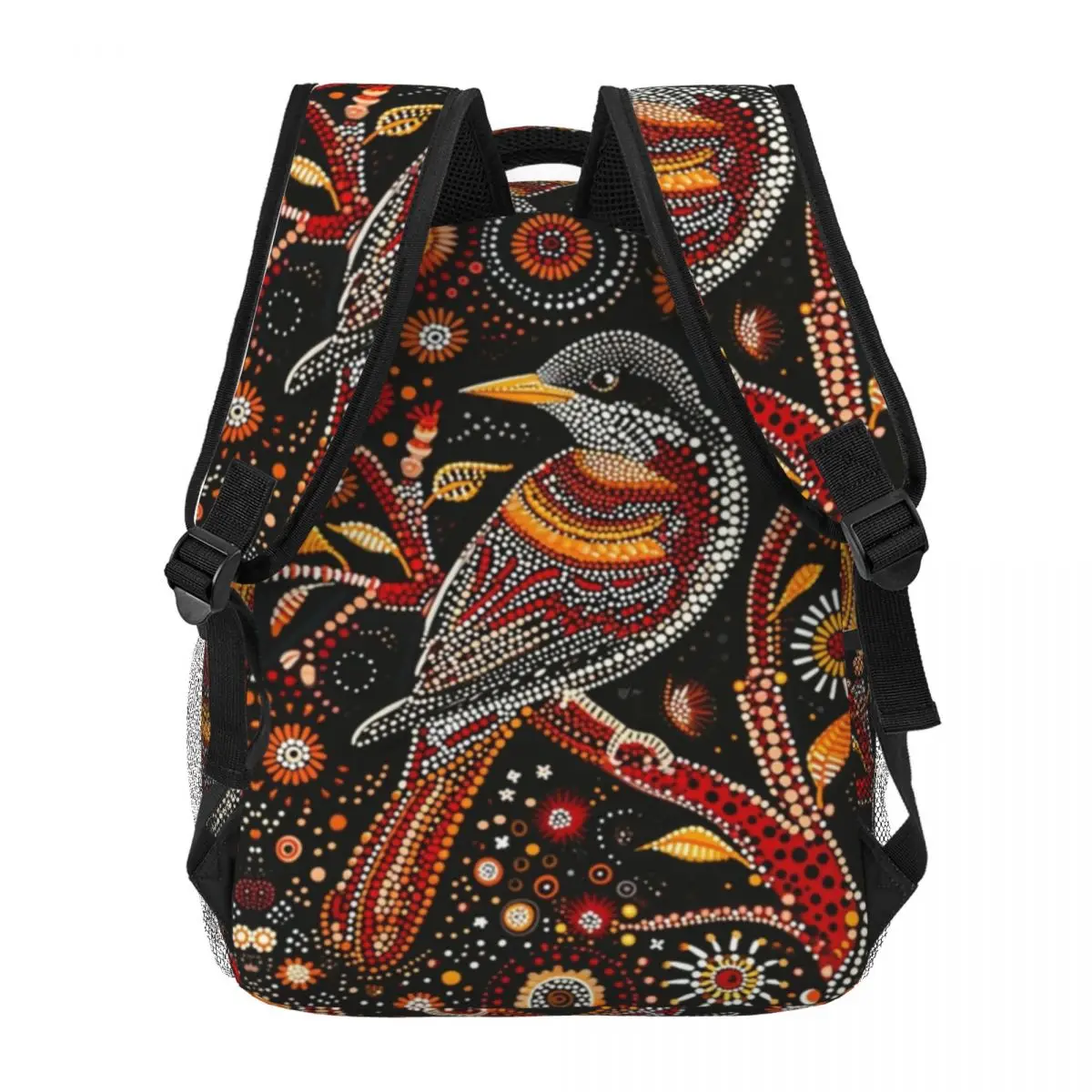 Aborigine-geïnspireerde stipschilderij van een vogel met bloemen bedrukte lichtgewicht casual schooltas voor school, buiten, kantoor 16in