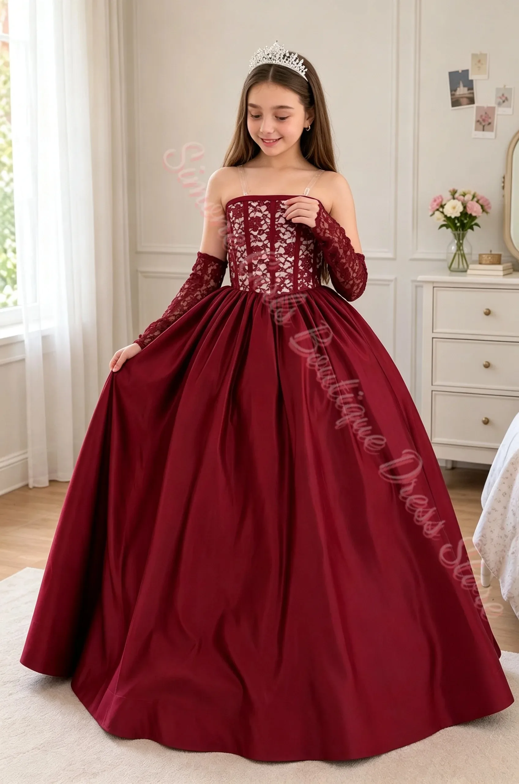 Großhandel Spitzenapplikation Mädchen Festkleid Tüll Langarm Blumenmädchenkleid Tüll Prinzessinnenkleid Langes Ballkleid Mädchen Maßanfertigung – Detail 6