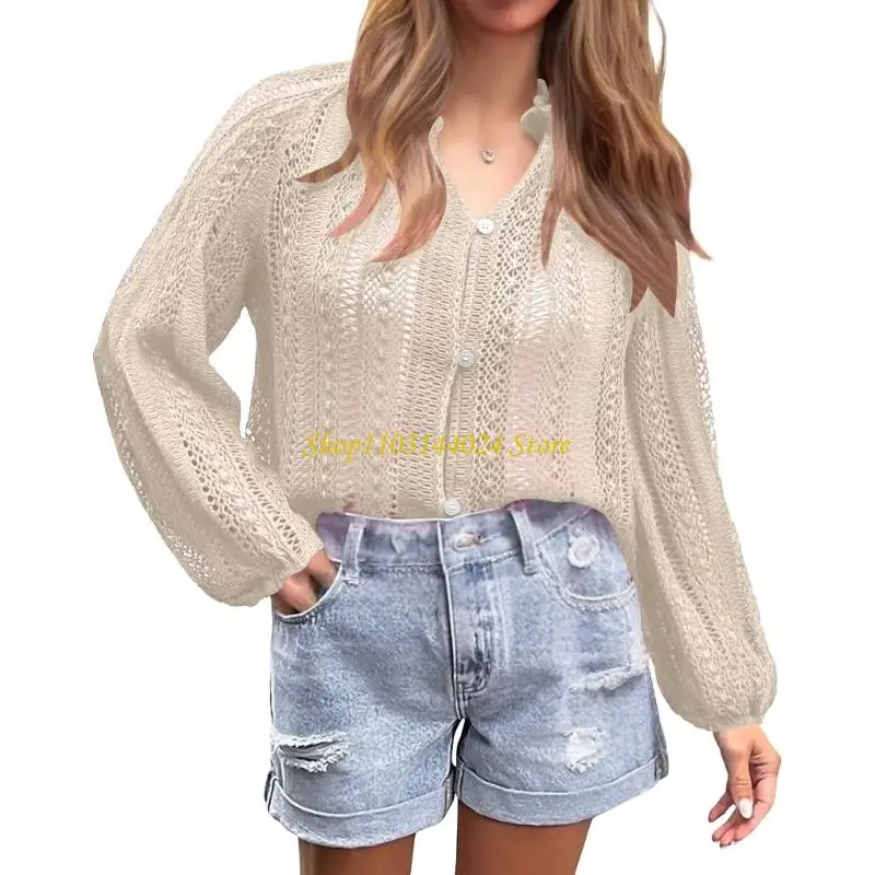 

N5KE Hollow Out Shirts Women Lantern Sleeve V Neck Button Down Blouses Lace Long Sleeve Crochet Eyelets Blouse Shirts Tops