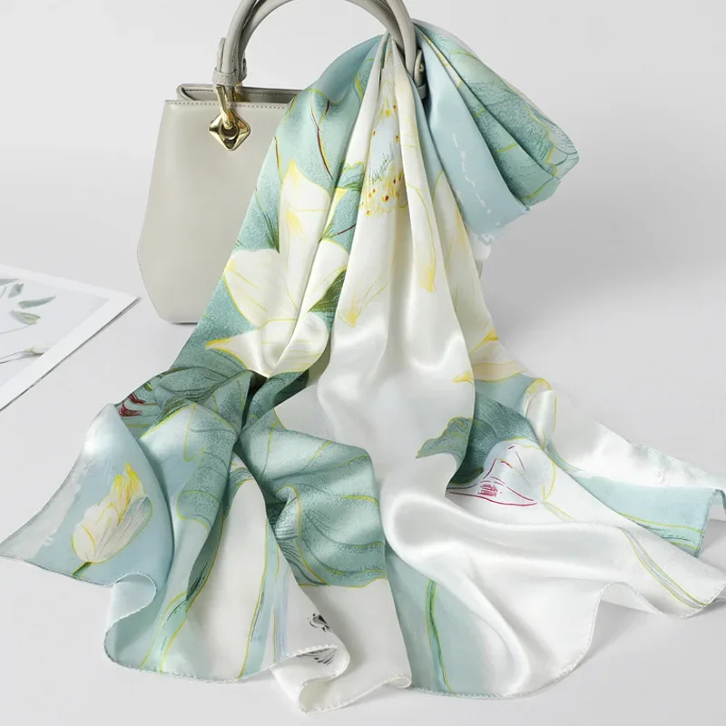 Lenço de seda pura para mulheres, xale longo para senhoras, 100% seda, foulard, marca de luxo nova, 170x53cm, primavera e outono