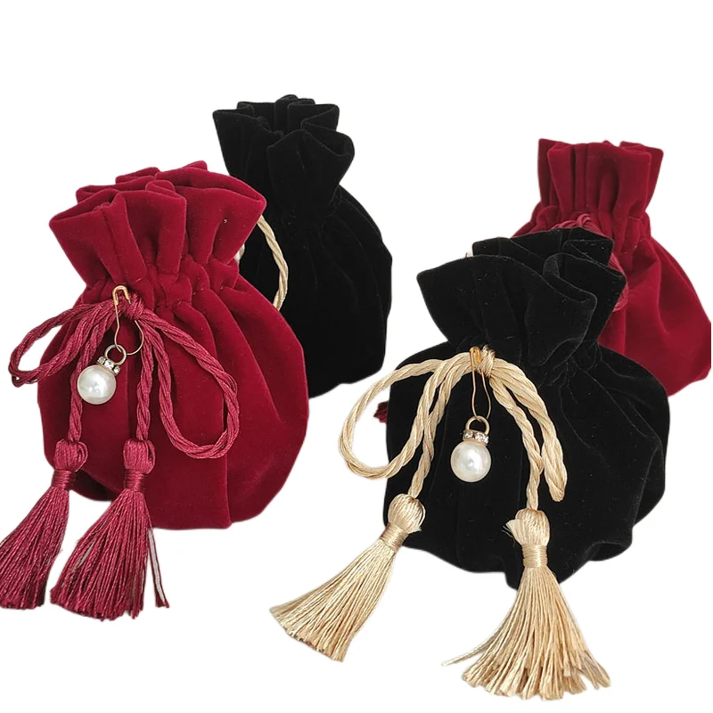 

5pcs Black Wine Red Flannel Gift Bag with Tassel Drawstring Jewelry Storage Bags Chocolate Packaging Wedding Favors for Guests