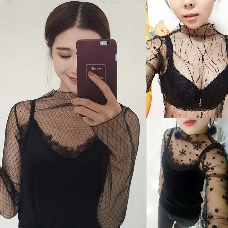 

2026 New Women's Long Sleeve Lace Mesh Base Shirt Hollow out Design Korean Style Commute Fashion round Neck Half High Collar