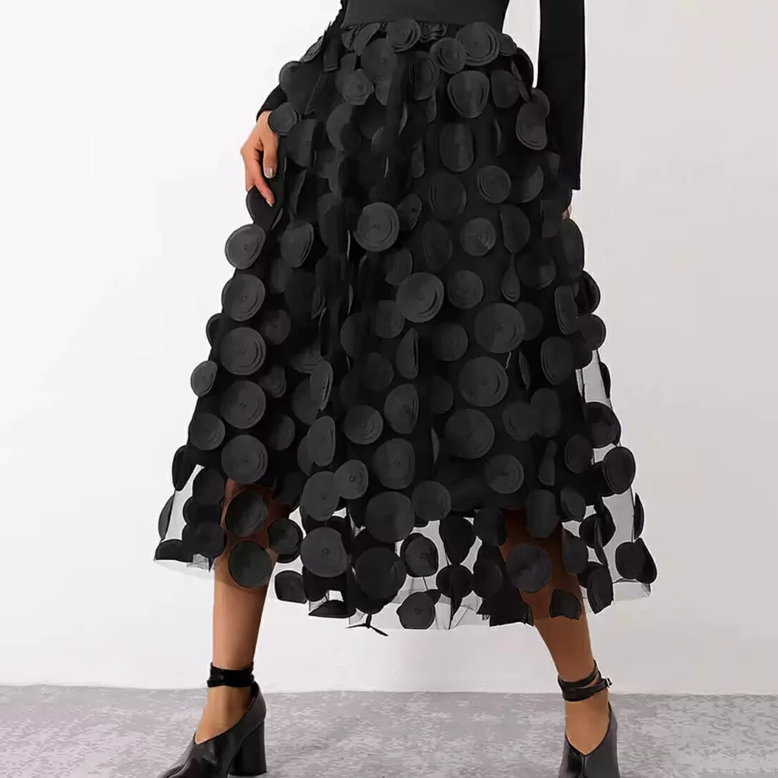 

3D polka dot black mesh half skirt 2023 new design sense Hepburn style mid length A-line skirt