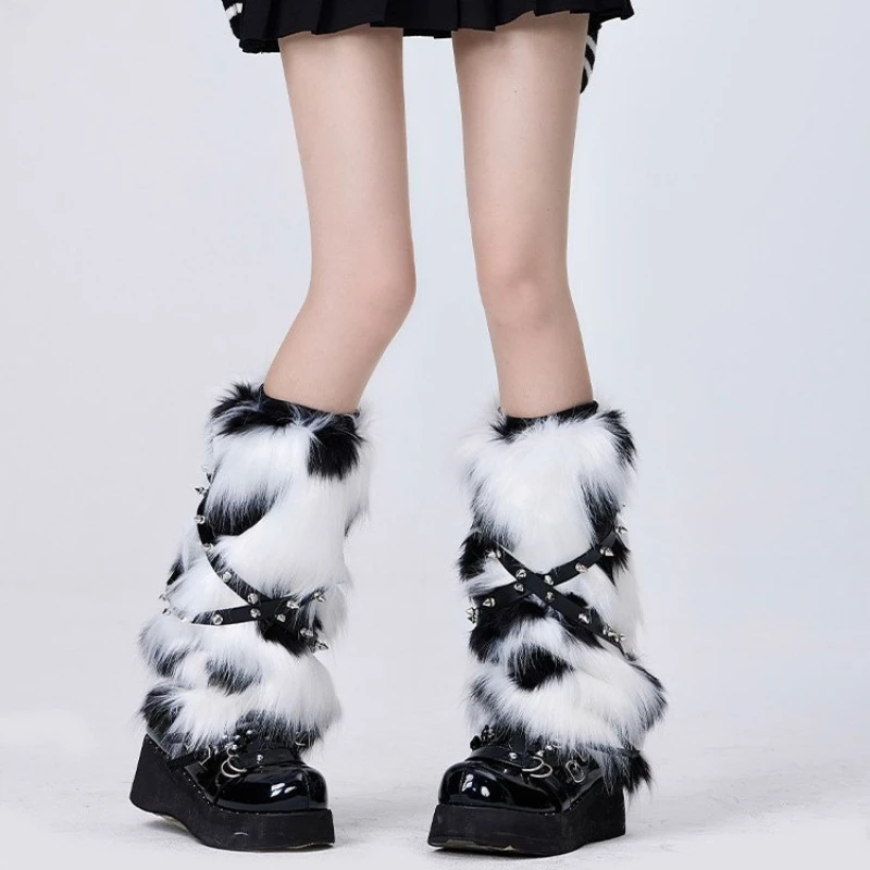 Punk Alt Black-White Shaggy Faux Fur Leg Warmers with Rivet Cross Straps, Slouchy, Footless, Stacked Calf Sock Covers Boot Cuffs