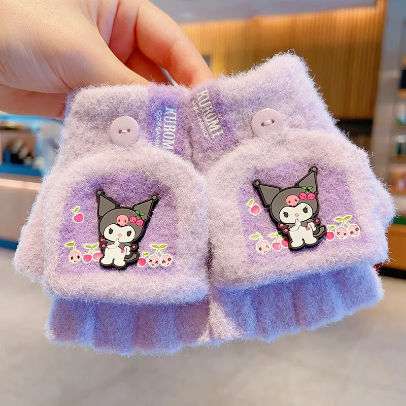 Kuromi children's gloves autumn and winter girls cute cartoon padded five-finger sets girls windproof warm one-finger gloves