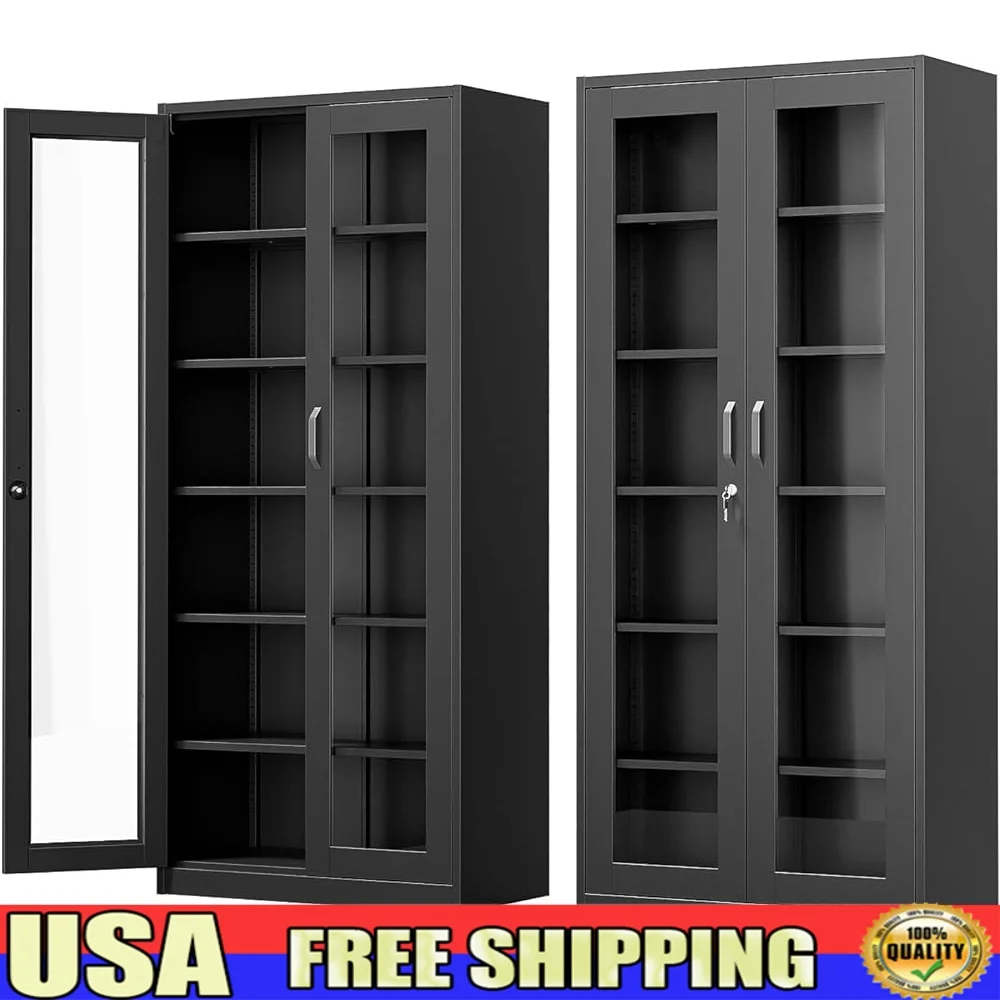 

Lockable Metal Display Cabinet with Glass Doors Adjustable Shelves Anti-Tipping Storage Unit Home Office or Clinic
