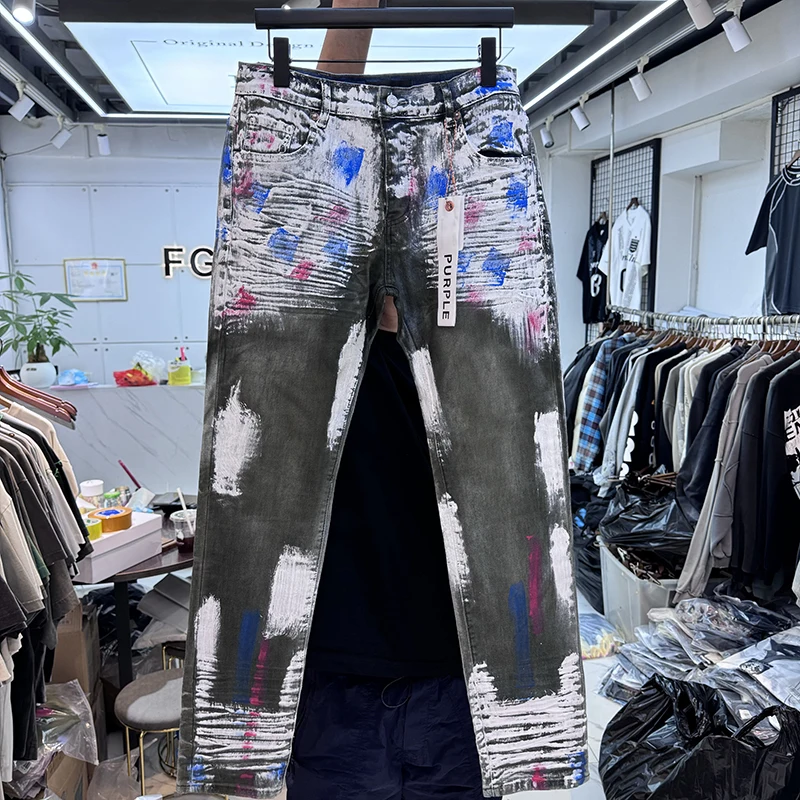 

Trendy Streetwear Blue Splatter fiti Jeans Retro Hip Hop Men's And Women's Slim Straight Leg Pants Casual Long Trousers