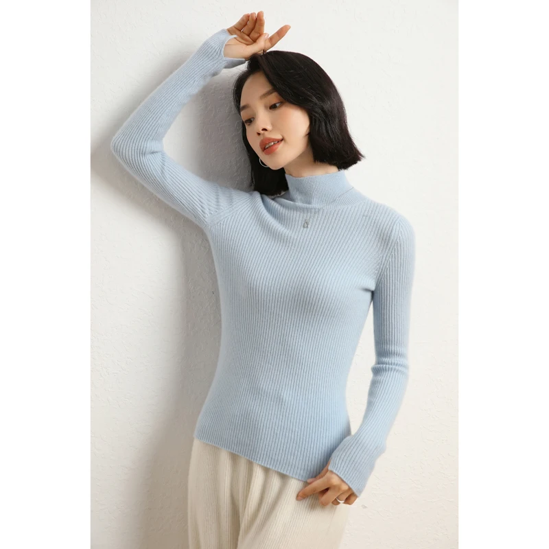 

High Quality 100% Cashmere Women Slim Mock-neck Pullovers Autumn Winter Basic Cashmere Sweater Warm Long Sleeve Bottom Clothing