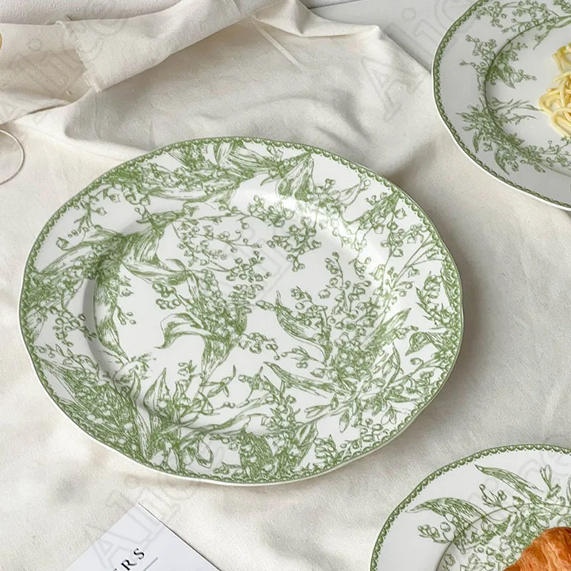 Ceramic Plate Nordic Retro Green Lily of The Valley Dinner Plates European Style Dessert Cake Dishes Rice Bowl Home Tableware