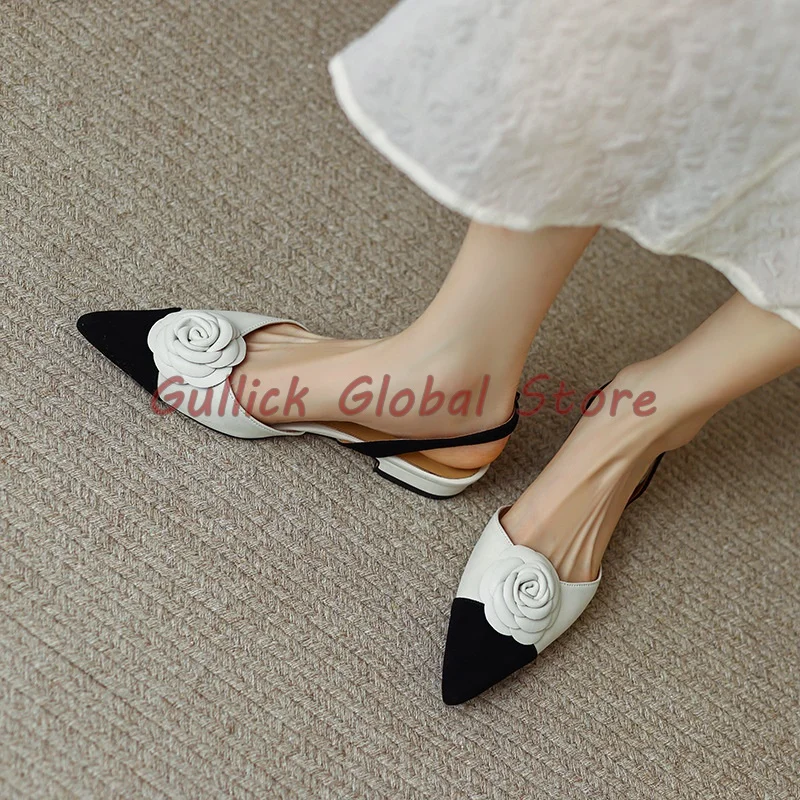 

Elegant Women Summer Pumps Pointed Toe Mixed Colors Slingback Genuine Leather Flower Decoration Sandals Wrapped Toe Soft Dress