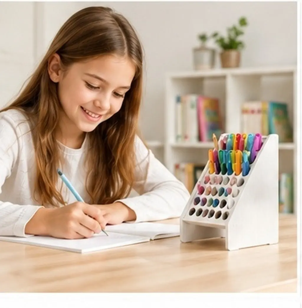 45-Slot Compact Slanted Pen Holder Desktop Organizer Stationery Storage Box for Markers Pencils Office School Workspace
