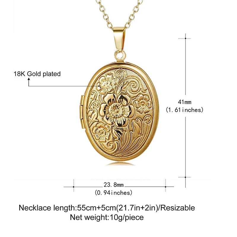 Personalized Engraved Flower Photo Locket Necklace Hold Picture Oval Pendant Necklace for Women Memorial Jewelry for Women