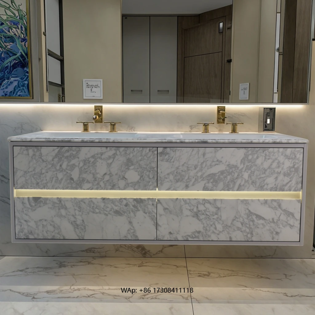 Modern Luxury Marble Bathroom Vanity Sink Storage Set with LED Strip Light Including Bathroom Storage Cabinet