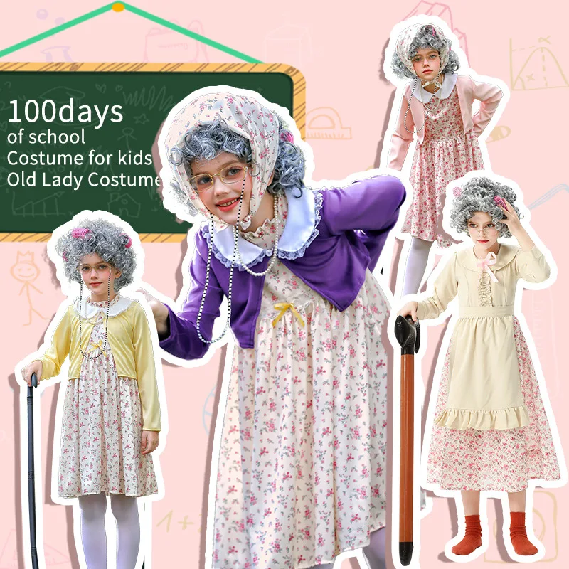 

Children's Day Kids Girls Dresses Cosplay Old Lady Costume Halloween Disguise Grandma Dress Up Outfit Granny Fancy Dress