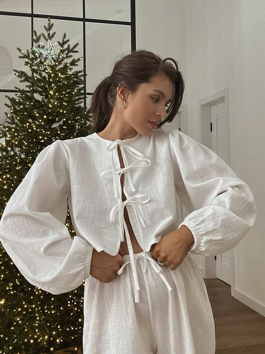 Marthaqiqi Cotton Women Pajamas Suit Long Sleeve Sleepwear O-Neck Nightgowns Lace Up Nightwear Pants Casual Nightie 2 Piece Sets