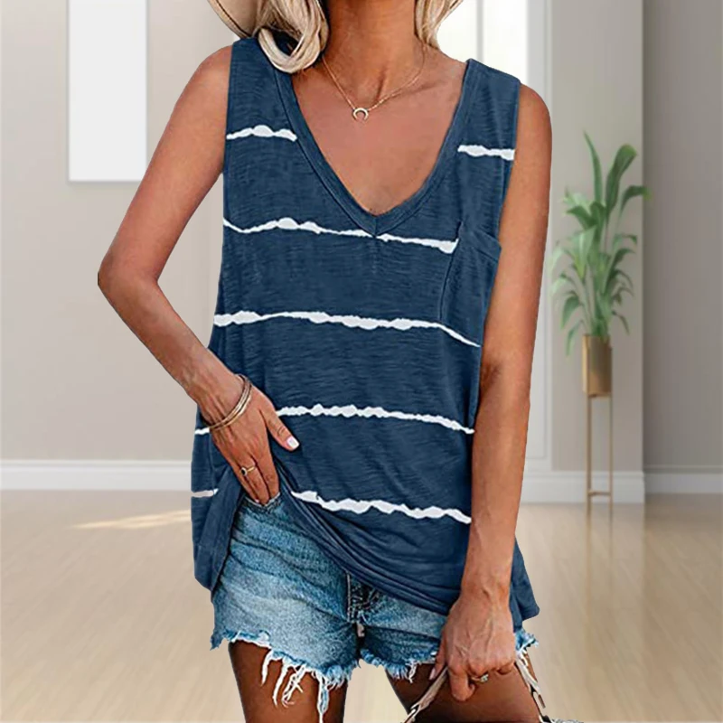 Sexy Women Summer Casual Beach Befree Boho Printed Big Large Sleeveless Strip Pocket Tank Tops Female Ladies Shirt