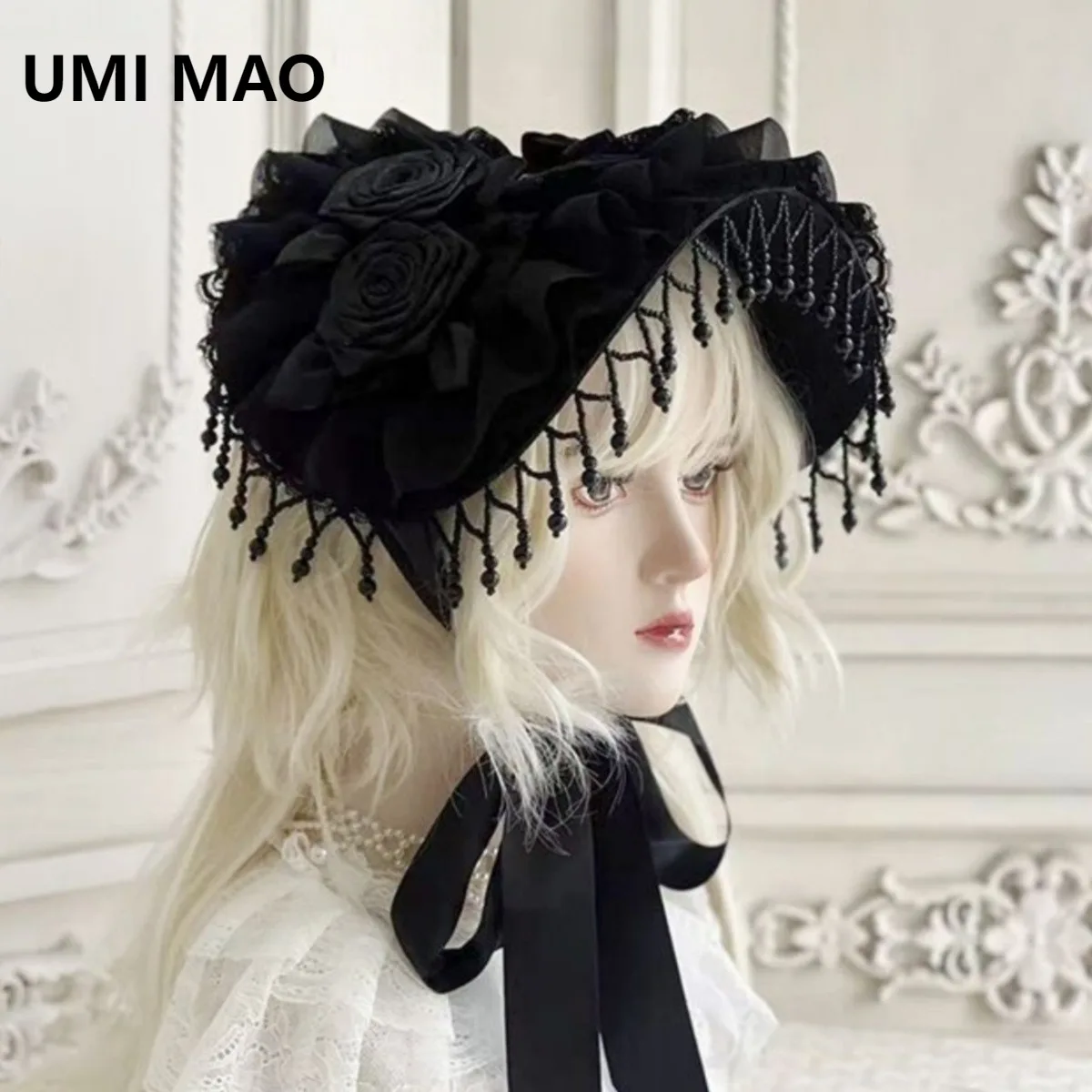 

UMI MAO Лолита, ручная работа, готическая шляпа вдова, черный жемчуг, кисточка, кружево, черная роза, перо, реквизит для фотосъемки, модные повязки на голову