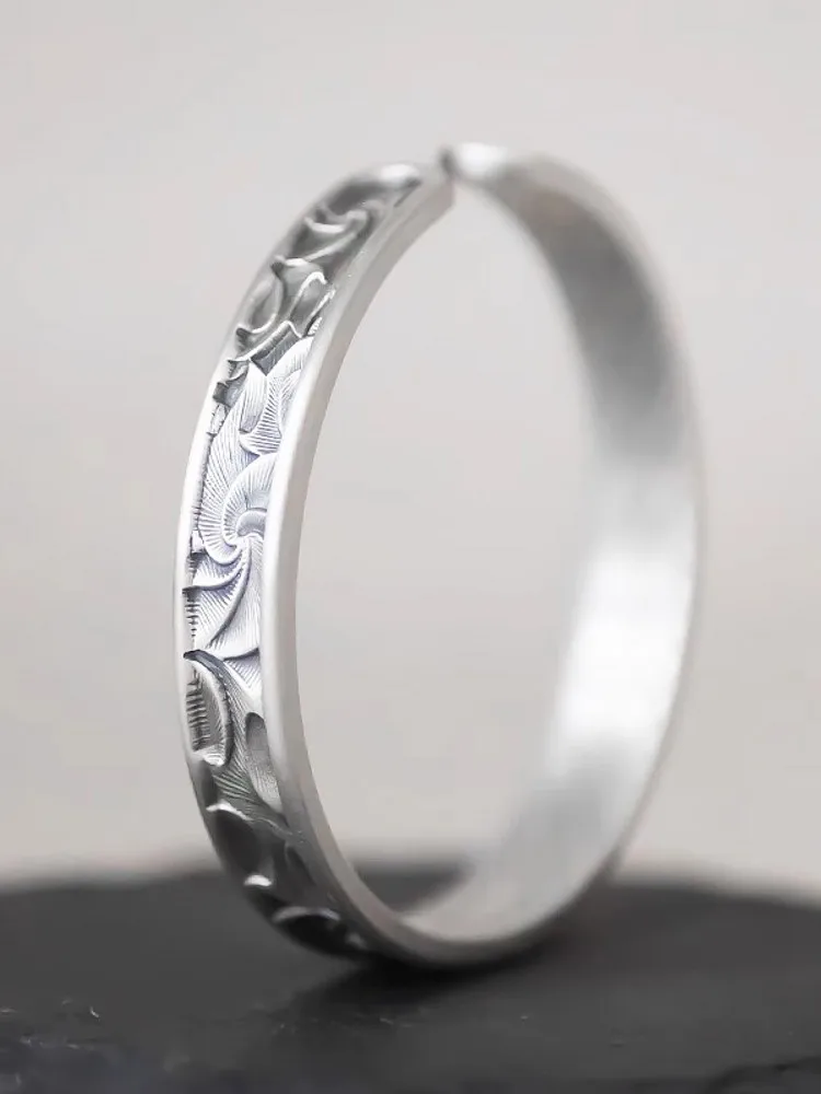 Fashion Women Wide Solid 999 Fine Silver Bracelet Vintage Pattern Adjustable Cuff Bracelet Birthday Gift Sterling Silver Jewelry