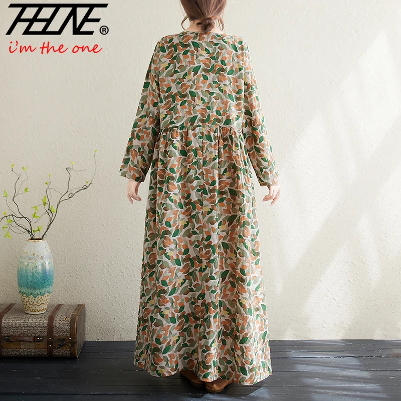 Vestido feminino solto de linho de algodão, vestido de manga comprida boêmio ou boho, maxi floral casual, outono e inverno, 2023