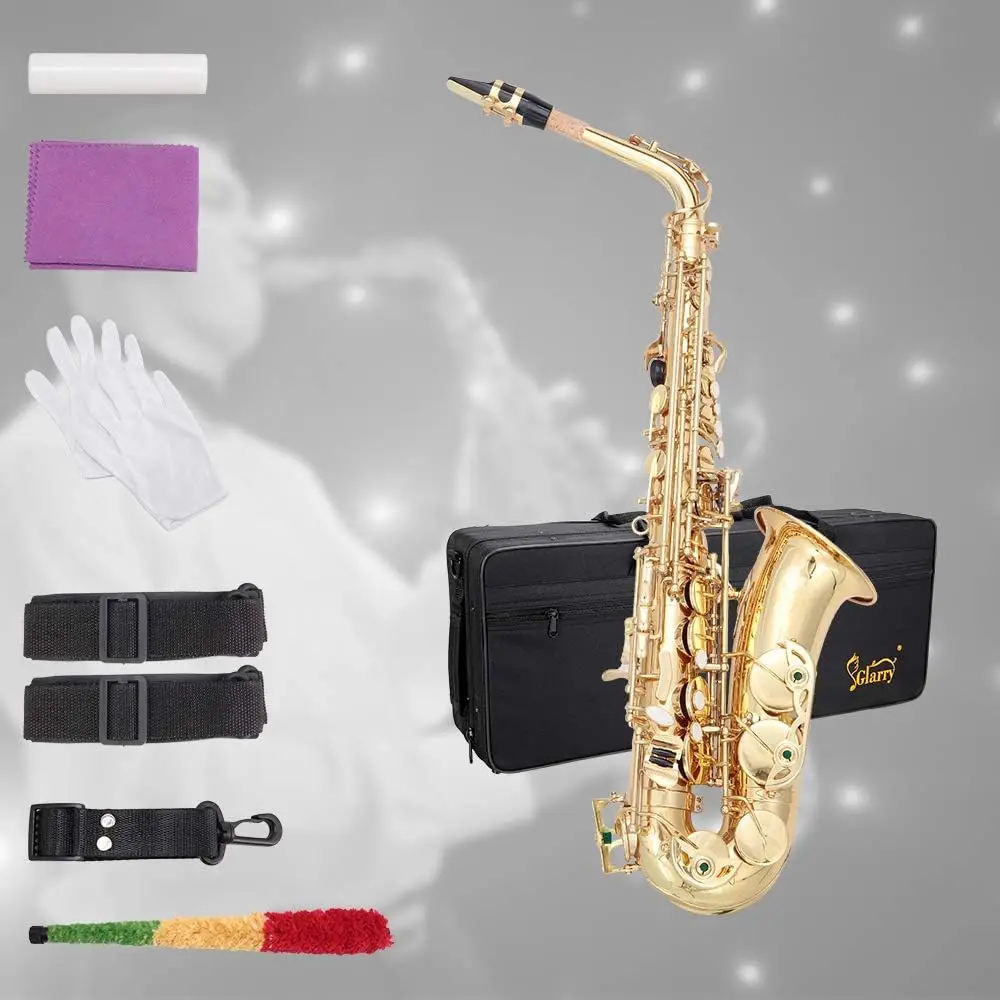 Student Alto Eb E-flat SAX Saxophone Gold Lacquer SAX Beginners Kit with Case, Reeds, Mouth Piece, Soft Cleaning Cloth and Rod,