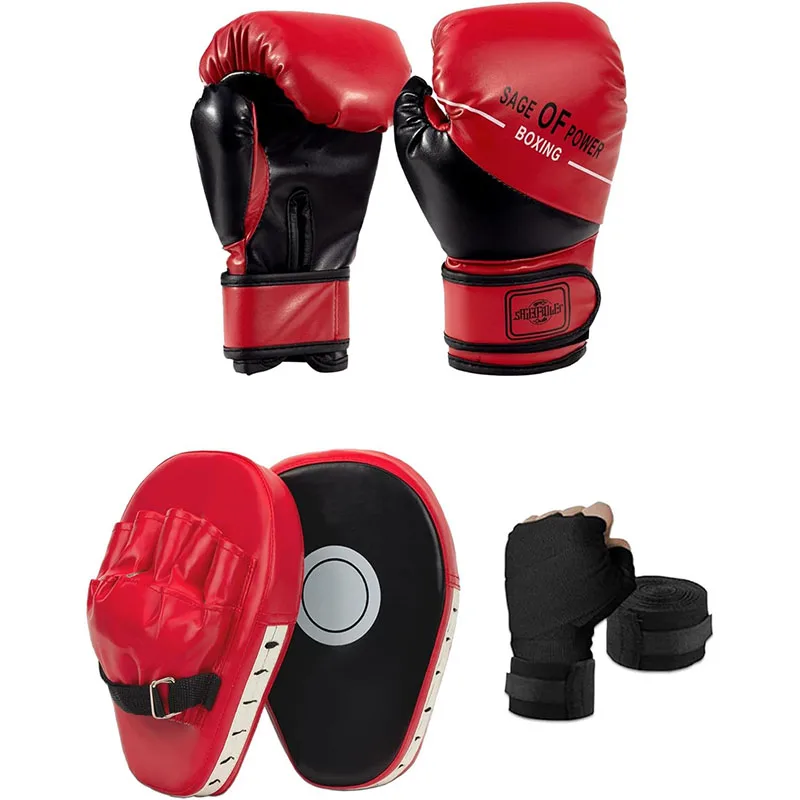 Juego de guantes de boxeo y manoplas de boxeo 3 en 1 para niños, guantes de boxeo, almohadillas de enfoque con envolturas para manos, conjunto de equipo de boxeo para niños para MMA