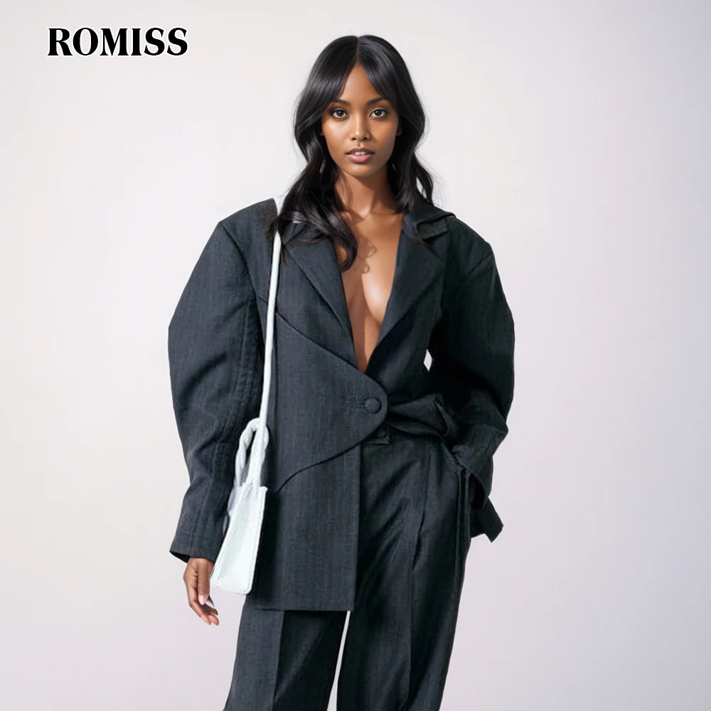 ROMISS Solid Spliced Button Coats For Women Notched Collar Long Sleeve Patchwork Drawstring Streetwear Blazer Female New