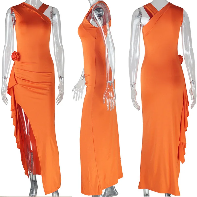 Sexy Applicaties Ruches Schede Lange Jurken Vrouwen Nachtclub Ruches Mouwloze Side Split Bodycon Maxi Jurk Vestidos De Fiesta