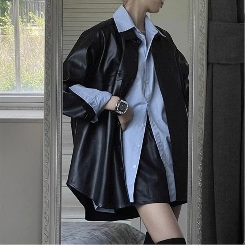 

Women's Black Leather Jacket Autumn Winter New Style Loose Slim Fit Solid Color Minimalist Fashion Biker Style Leather Outerwear