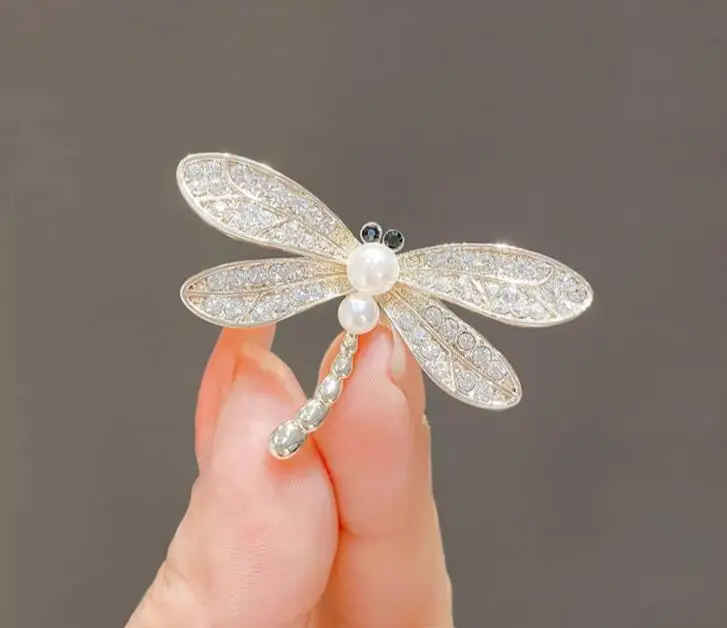 1Pc Fashion Silver Color Dragonfly Brooches Pins Women Rhinestone Pearl Insect Weddings Office Brooch Pins Jewelry Brooches