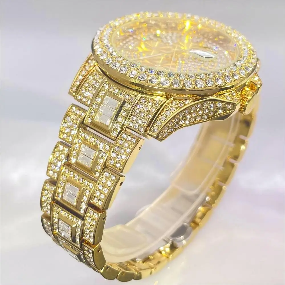 2024 Hot Hip Hop Iced Watch For Mens Fashion Diamond Bling Jewelry Clock Man\'s Luxury Gold Quartz Wristwatch Reloj Free Shipping