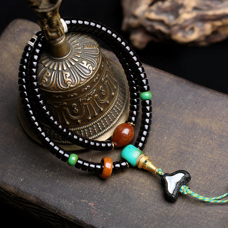 108 natural Hainan coconut stem bucket beads, Buddha beads hanging from the neck, purple mouse running in circles