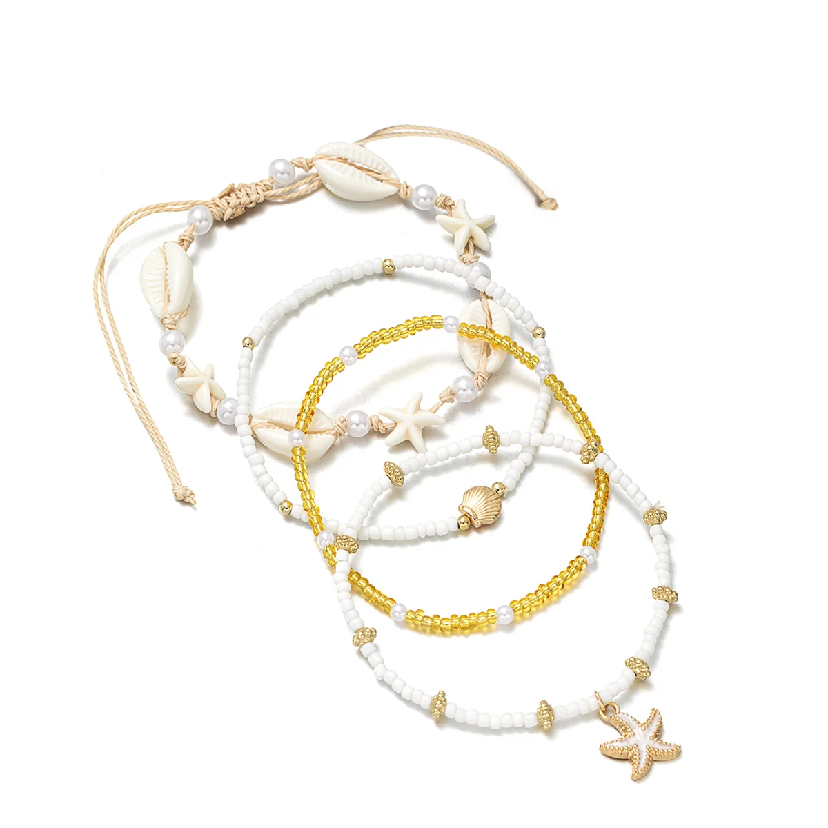 4 pieces of Bohemian style resin shell woven starfish ankle rope, multi-layer stacked rice bead beach women's ankle chain