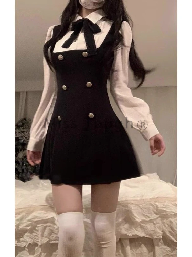 College Style Sweet Fake Two Piece Dress Women French Elegant Slim Long Sleeve Dresses Chic Princess Party Clothing Autumn 2024